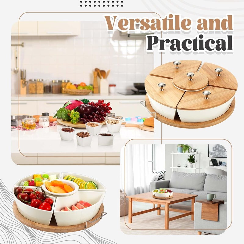 Rtteri 360° Rotatable Lazy Susan Serving Tray with Bowls 11.4'' Chip and Dip Serving Set, 5 Removable Compartment Divided Serving Dishes Ceramic Porcelain Taco Bar Platters and Trays for Party - Image 5